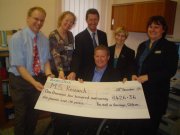 Clifton Barclays Bank Fundraising Team and Shaun McCarthy handing over Â£1.426,36 at the MS Research Uni to Dr Rosie Jones and Angela Davies-Smith at Bristol General Hospital. 
