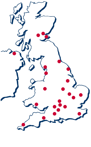 Map of UK showing over twenty red dots where airfields that do parachute jumps can be found.