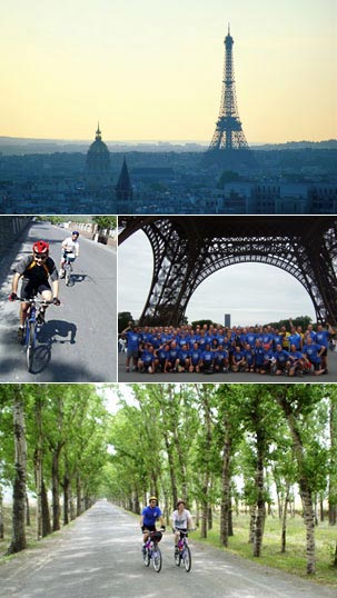 cycle ride from London to Paris ending with a group picture of the participants under the Eiffel Tower