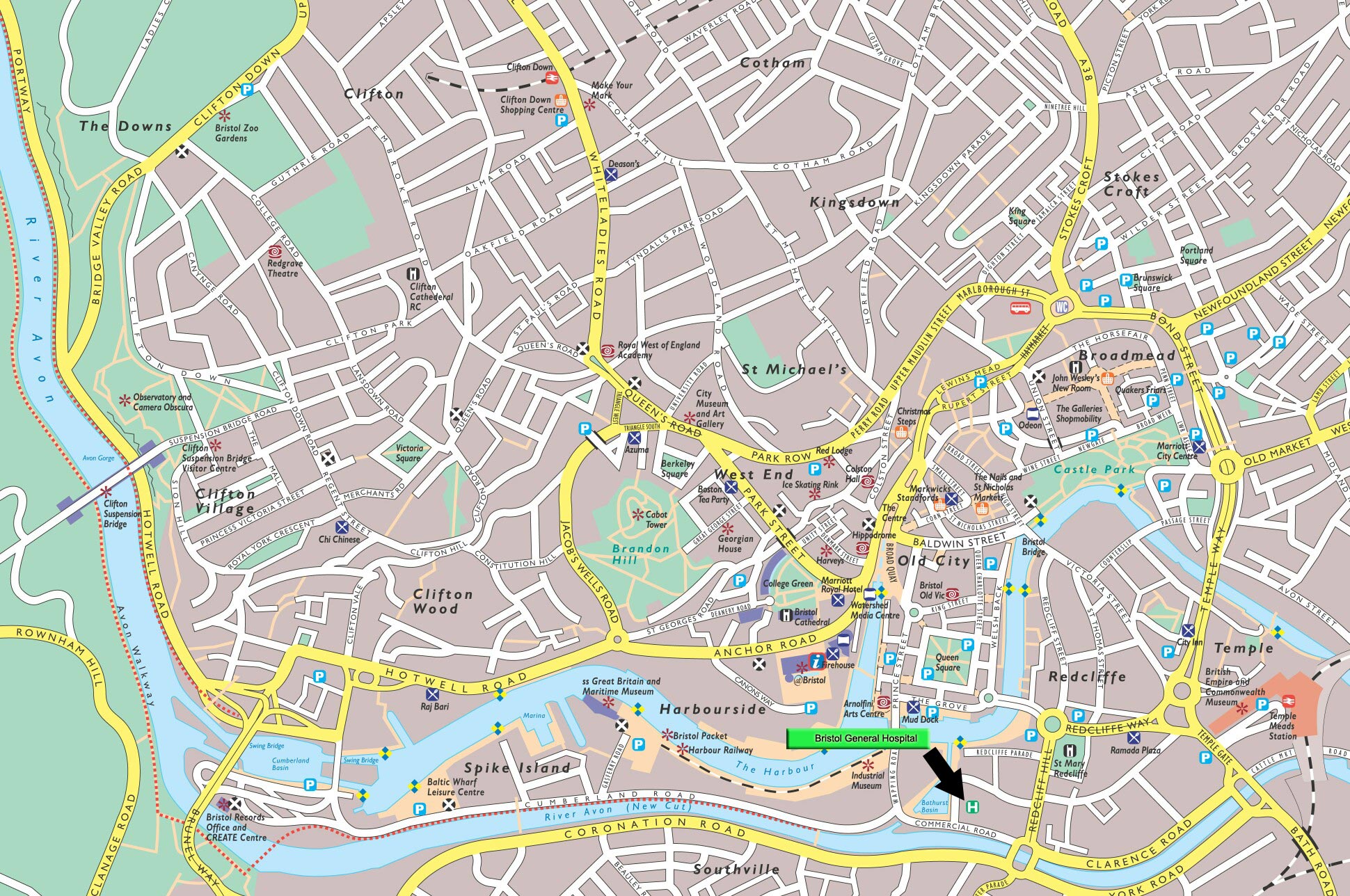 Map of Bristol City Centre with Bristol General Hospital marked